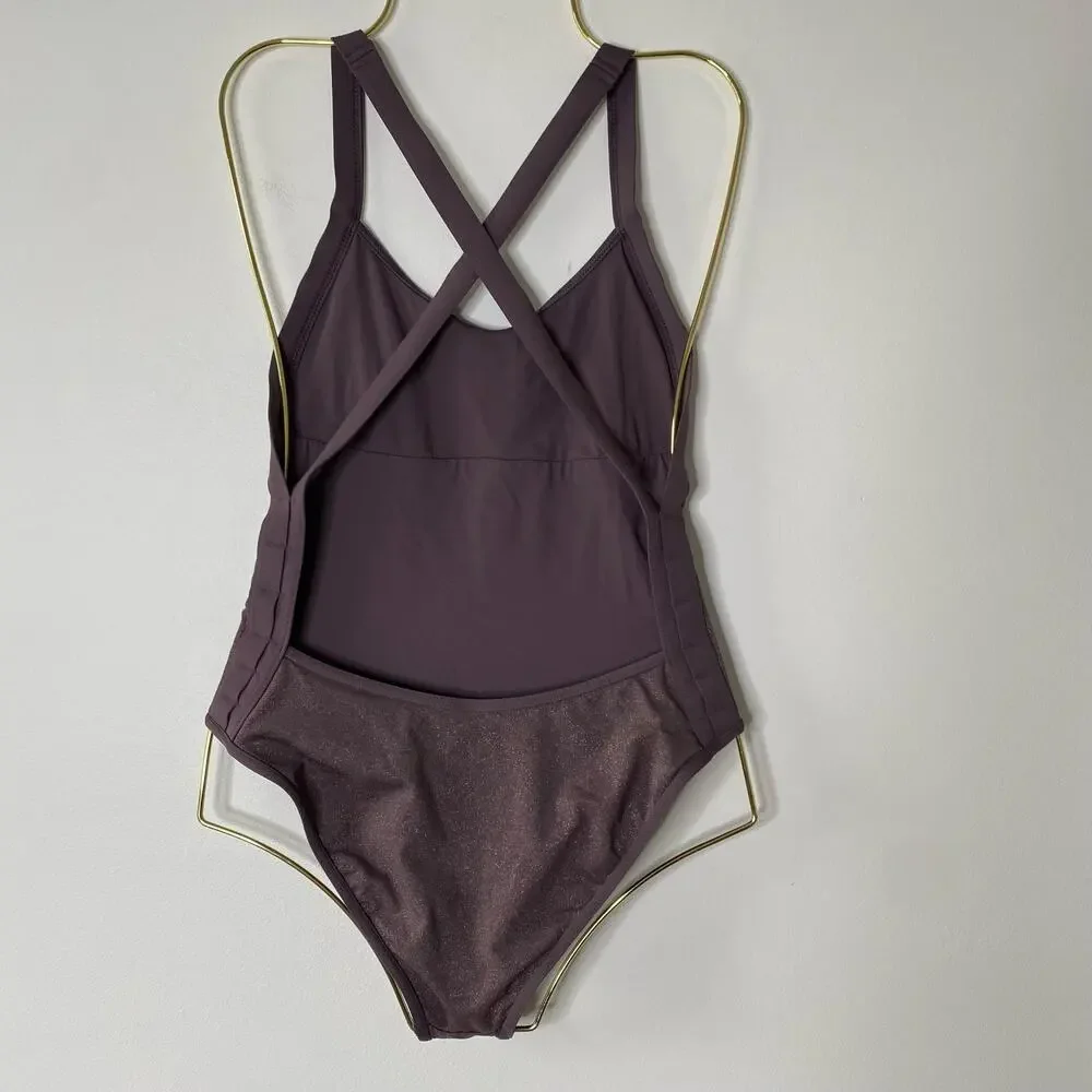 L*SPACE Purple Shimmer Criss Cross Low Back One Piece Swimsuit